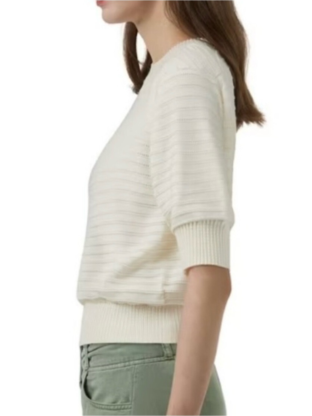 FRYE Sz XXL Cream Ivory Sweater Cotton Fine Gauge Textured Ribbed Short Sleeves - Picture 2 of 10